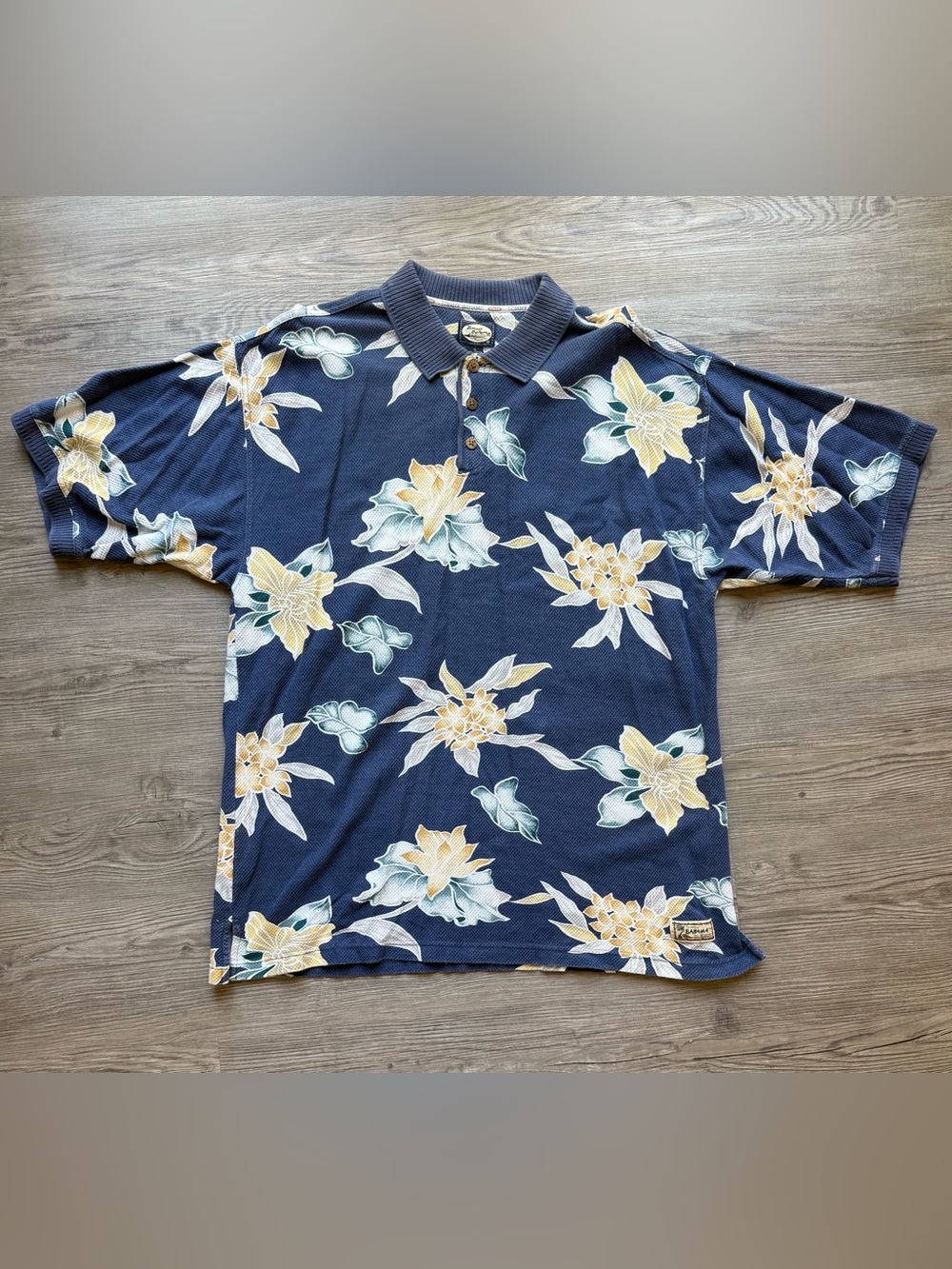 Vintage Tommy Bahama Original XL Hawaiian Floral Polo Shirt Blue Tropical Macau